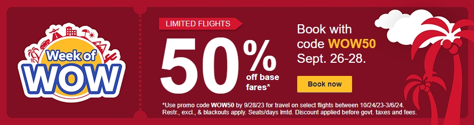 美国西南航空（Southwest Airlines）：最高可获得50%机票优惠（2023年10月24日至2024年3月6日）