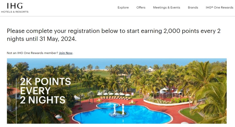 洲际酒店优悦会（IHG One Rewards）：2024年4月1日到5月31日，入住两晚得2000积分全球促销活动