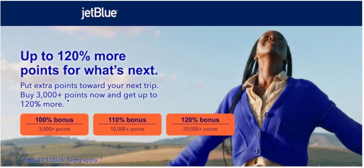 捷蓝航空JetBlue TrueBlue积分购买最高120%加赠，2026年10月1日截止